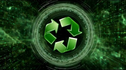 Poster - Recycling green arrow symbol in digital futuristic environment showcasing eco technology and sustainability with glowing effects and abstract background for environment awareness