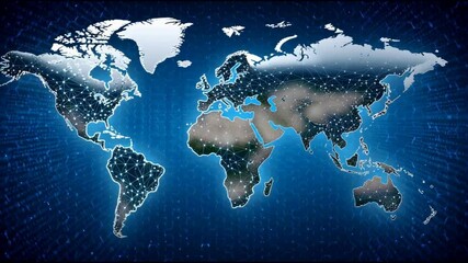 Poster - Digital world map with glowing network connections showcasing global communication technology and futuristic blue data visualization, illustrating seamless connection across illuminated continents