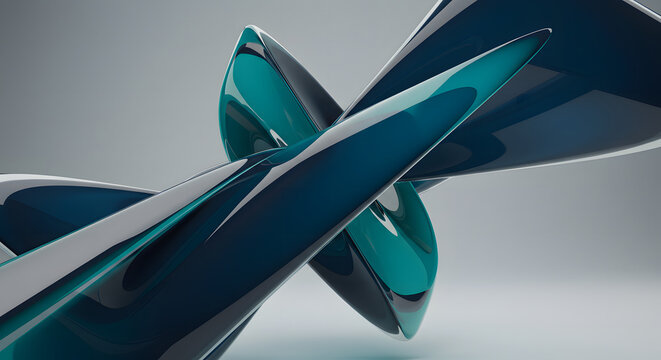 Abstract Teal and Dark Blue Swirling Forms 3D Render of Elegant, Glossy Curves