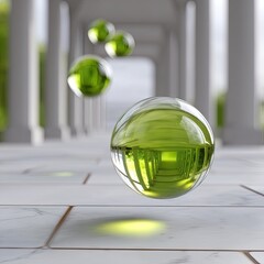 Poster - Floating Green Glass Spheres Reflecting Columns on Marble Floor