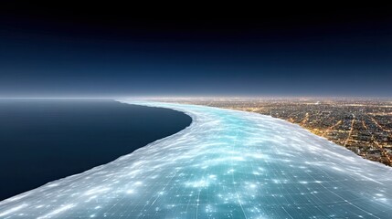 Poster - Futuristic City Lights and Ocean Network Aerial View