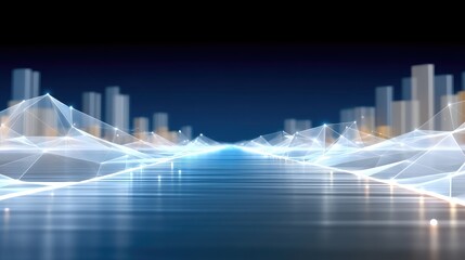 Poster - Futuristic Cityscape with Glowing Polygon Mesh Road
