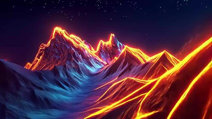 Poster - Vibrant neon mountain landscape with glowing lines against a starry night sky, Neon mountain abstract digital landscape, glowing lines and shapes, perfect for futuristic ads,
