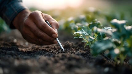 Poster - Farmer checking soil temperature with probe near young plant sprouts