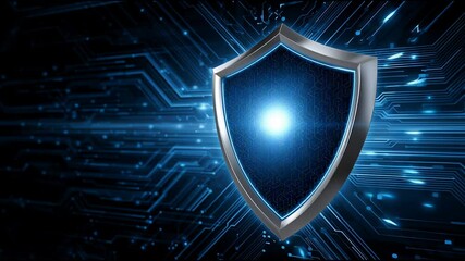 Poster - Cybersecurity shield glowing blue light digital circuit background symbolizing data protection network security technology futuristic digital shield glowing blue core represents cybersecurity data