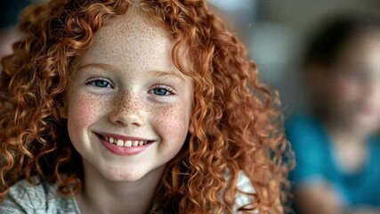 Poster - Young girl with red curly hair smiles joyfully in a classroom during a school day filled with learning, Young girl with red curly hair smiling in classroom