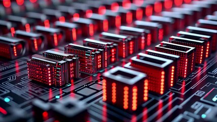 Poster - Red and blue illuminated binary code storage in a high tech data transfer setup, Running binary code Storage and transfer of information concept 3D render seamless