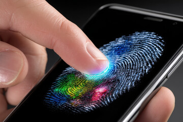 Poster - Person using fingerprint scanner on smartphone with colorful display at night