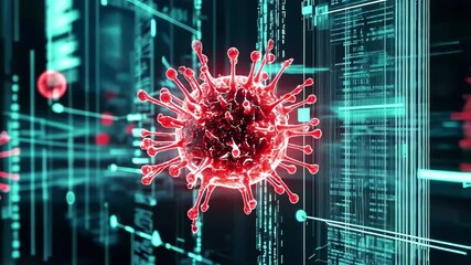 Poster - Intricate patterns of a virus illuminated in a digital landscape showcasing cellular structures, Showcase the intricate patterns and structures of a computer virus attacking a database