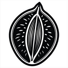 Poster - Stylized black and white illustration of a halved plum or prune showing the pit and flesh with a graphic design aesthetic