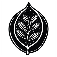 Poster - Stylized black and white graphic of a stylized leaf or seed pod with abstract plant branches and stripes inside isolated on a white background