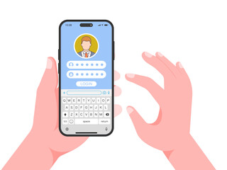 Poster - Hand Holding Smartphone with Login Screen – Mobile App Login Interface with Username, Password Fields, and User Avatar Vector Illustration on White Background