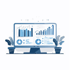 Poster - A computer monitor displays charts graphs  data flanked by potted plants
