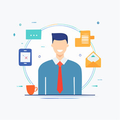 Illustration of a man surrounded by office and technology related icons