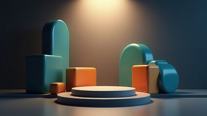 Aufkleber - Abstract Colorful 3D Render Minimalist Geometric Shapes and Platform Display