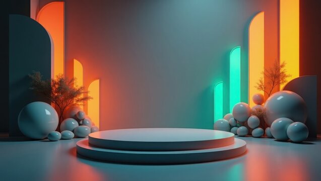 Abstract Neon Background with Platform and Spheres 3D Render