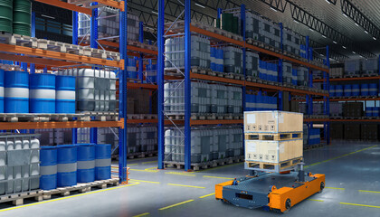 Poster - Robotic warehouse. Robot trolley moves pallet. Storage area of autonomous enterprise. Robot services warehouse with barrels on racks. Automated storage area of petrochemical company. 3d image