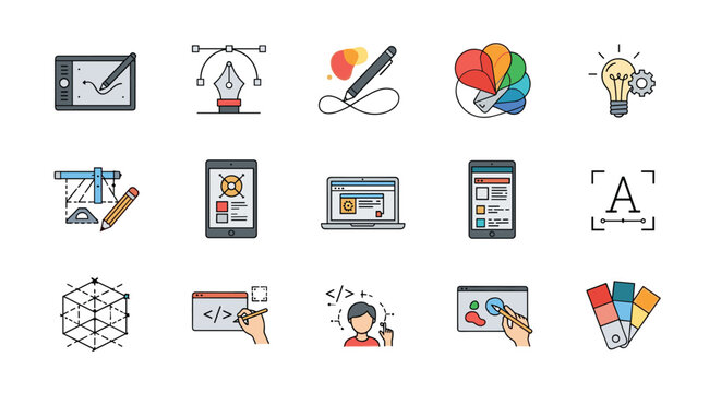 Collection of graphic design and digital art creation tools and concepts illustrated with icons