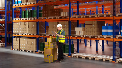 Poster - Man storekeeper. Courier company warehouse. Man with gadget storage specialist. Delivery service warehouse. Worker with tablet computer in distribution center. Courier warehouse contractor