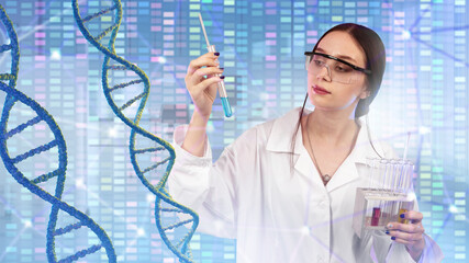 Poster - Woman geneticist. Girl sequences DNA chains. Scientist geneticist in white coat. Doctor makes DNA test. Nurse near genome strands. Woman scientist geneticist with test tubes in hands