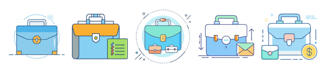 Poster - Set of vector business portfolio and briefcase illustrations in flat design style