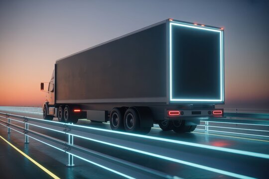 Digital Truck on a Neon Highway, with empty blank space for text copy space or mockup design, high detail, 8k