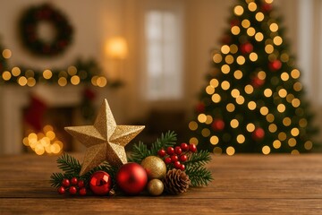 Poster - Ornamental objects on a wooden surface with a festive holiday background