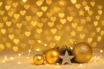 Aufkleber - Festive holiday ornaments and glowing lights featuring heart and star-shaped bokeh effects. Seasonal decor with blank space and intricate details in selective focus.