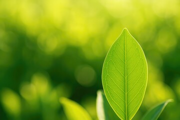 Wall Mural - detailed shot of a lush green leaf basking in sunlight in a garden setting with empty space for text