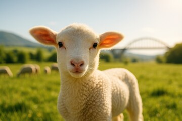 Wall Mural - Close-up shot of a young lamb's face with a scenic bridge in the background