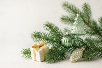 Poster - Festive holiday decor featuring real fir branches and glass ornaments on a soft-lit background