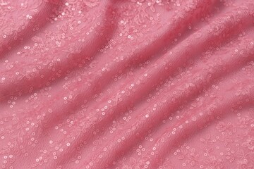 Poster - Shimmering pink textile adorned with sequins, reminiscent of a cotton candy sunset. Its floral lace design offers a soothing escape, perfect for creative projects with lightweight, flowing fabric.