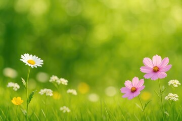 Poster - Springtime floral scene with vibrant blooms and lush greenery, featuring a soft blurred green bokeh and sunshine ambiance