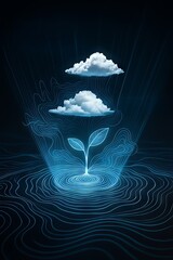 Leinwandbilder - AI-Powered Robot Automation Concepts. Emerging plant with clouds and abstract water lines.