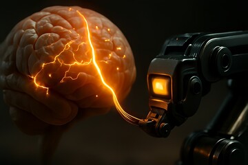 Poster - AI-Powered Robot Automation Concepts. A robot arm interacts with a brain, symbolizing technology and intelligence.