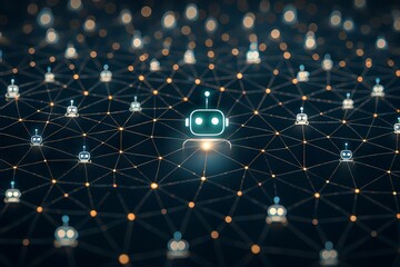 Poster - AI-Powered Robot Automation Concepts. Digital network with interconnected robotic icons on a dark background.