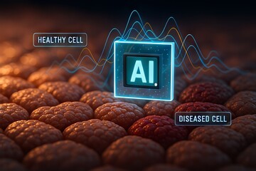 Poster - AI-Powered Robot Automation Concepts. Visual representation of healthy and diseased cells using AI technology.