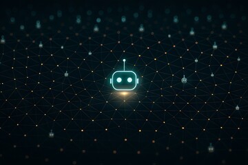 Poster - AI-Powered Robot Automation Concepts. Abstract digital design featuring a robotic face among a network of nodes.