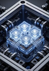 Poster - AI-Powered Robot Automation Concepts. Futuristic design featuring interconnected geometric shapes.