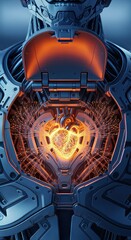 Poster - AI-Powered Robot Automation Concepts. Robotic chest revealing glowing circuitry and energy bursts.