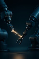 Poster - AI-Powered Robot Automation Concepts. Robotic arms connecting with sparks in a dark environment.