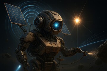 Poster - AI-Powered Robot Automation Concepts. Robot exploring space with solar panels and stars in the background