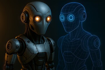 Poster - AI-Powered Robot Automation Concepts. Futuristic robot with a digital blueprint on display.
