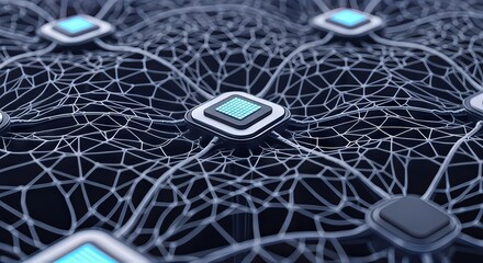 Poster - AI-Powered Robot Automation Concepts. Abstract network of interconnected nodes and circuits.