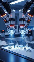 Poster - AI-Powered Robot Automation Concepts. Robotic arms assembling components in a high-tech environment.