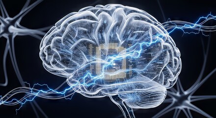 Poster - AI-Powered Robot Automation Concepts. Neural network illustration of a brain with electric impulses.