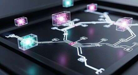 Poster - AI-Powered Robot Automation Concepts. Futuristic digital network with glowing data nodes and connections.