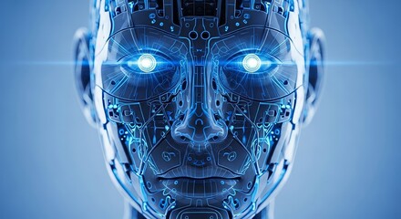 Poster - AI-Powered Robot Automation Concepts. Futuristic robotic face with blue glowing eyes and intricate details.