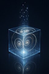 Aufkleber - AI-Powered Robot Automation Concepts. Illuminated cube with abstract patterns and light trails emerging upward.