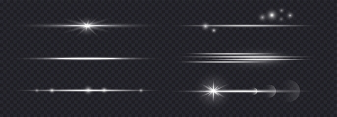 Wall Mural - Light flare lens effect horizontal, white light beam, glow line rays isolated on dark bg. Sparkle laser beam set, vector illustration. Christmas light effect with bokeh and stars.